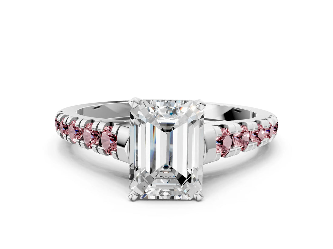 White gold Emerald Cut Diamond Cathedral Solitaire Ring with Round with Morganite side stone Pavé Band_48