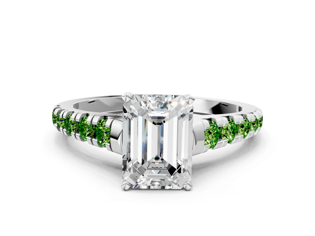 White gold Emerald Cut Diamond Cathedral Solitaire Ring with Round with Peridot side stone Pavé Band