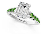 White gold Emerald Cut Diamond Cathedral Solitaire Ring with Round with Peridot side stone Pavé Band_1