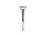 White gold Emerald Cut Diamond Cathedral Solitaire Ring with Round with Peridot side stone Pavé Band_2