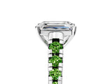 White gold Emerald Cut Diamond Cathedral Solitaire Ring with Round with Peridot side stone Pavé Band_5