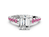 White gold Emerald Cut Diamond Cathedral Solitaire Ring with Round with Pink Sapphire side stone Pavé Band
