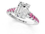 White gold Emerald Cut Diamond Cathedral Solitaire Ring with Round with Pink Sapphire side stone Pavé Band_13