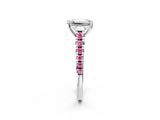 White gold Emerald Cut Diamond Cathedral Solitaire Ring with Round with Pink Sapphire side stone Pavé Band_2
