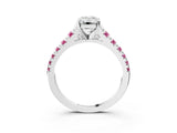 White gold Emerald Cut Diamond Cathedral Solitaire Ring with Round with Pink Sapphire side stone Pavé Band_3