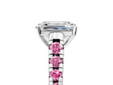White gold Emerald Cut Diamond Cathedral Solitaire Ring with Round with Pink Sapphire side stone Pavé Band_5