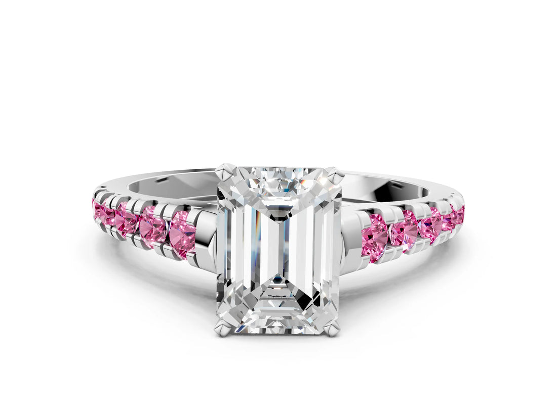 White gold Emerald Cut Diamond Cathedral Solitaire Ring with Round with Pink Sapphire side stone Pavé Band