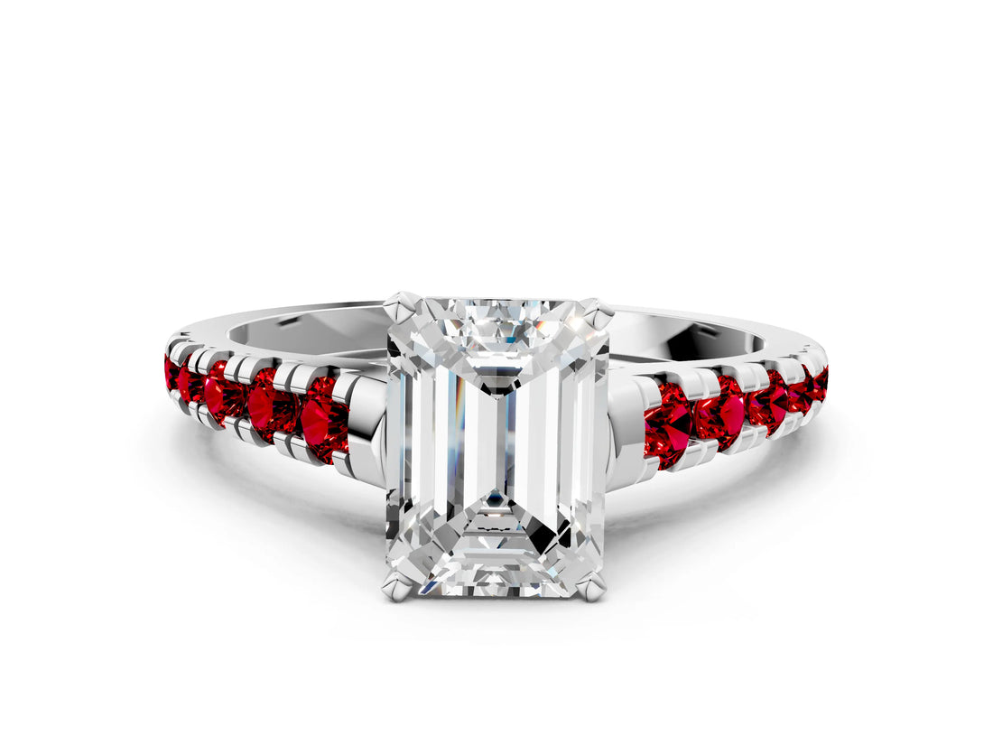 White gold Emerald Cut Diamond Cathedral Solitaire Ring with Round with Ruby side stone Pavé Band_12