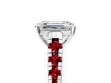 White gold Emerald Cut Diamond Cathedral Solitaire Ring with Round with Ruby side stone Pavé Band_17