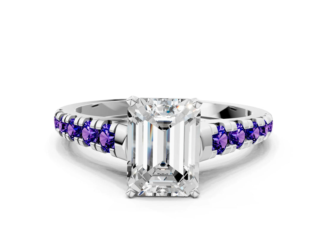 White gold Emerald Cut Diamond Cathedral Solitaire Ring with Round with Tanzanite side stone Pavé Band