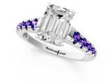 White gold Emerald Cut Diamond Cathedral Solitaire Ring with Round with Tanzanite side stone Pavé Band_1