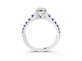 White gold Emerald Cut Diamond Cathedral Solitaire Ring with Round with Tanzanite side stone Pavé Band_3