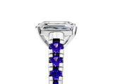 White gold Emerald Cut Diamond Cathedral Solitaire Ring with Round with Tanzanite side stone Pavé Band_5