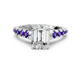 White gold Emerald Cut Diamond Cathedral Solitaire Ring with Round with Tanzanite side stone Pavé Band