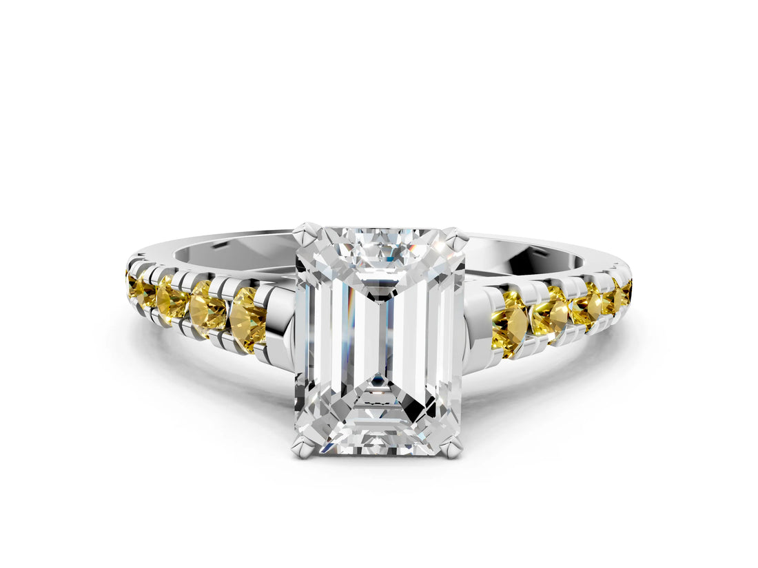 White gold Emerald Cut Diamond Cathedral Solitaire Ring with Round with Yellow Sapphire side stone Pavé Band_12