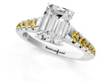 White gold Emerald Cut Diamond Cathedral Solitaire Ring with Round with Yellow Sapphire side stone Pavé Band_13