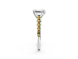 White gold Emerald Cut Diamond Cathedral Solitaire Ring with Round with Yellow Sapphire side stone Pavé Band_14