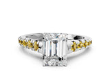 White gold Emerald Cut Diamond Cathedral Solitaire Ring with Round with Yellow Sapphire side stone Pavé Band_24