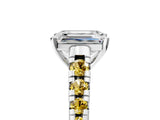 White gold Emerald Cut Diamond Cathedral Solitaire Ring with Round with Yellow Sapphire side stone Pavé Band_29