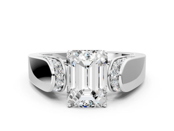White Gold Emerald Cut Channel Set Engagement Ring Setting with Accented Shoulders on Wide Band