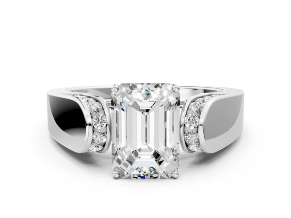 White Gold Emerald Cut Channel Set Engagement Ring Setting with Accented Shoulders on Wide Band
