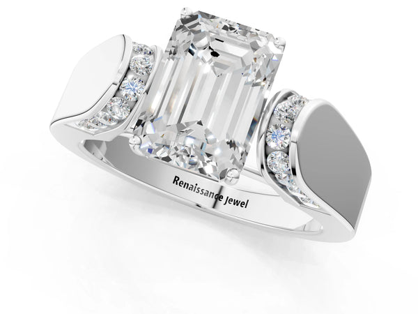 White Gold Emerald Cut Channel Set Engagement Ring Setting with Accented Shoulders on Wide Band