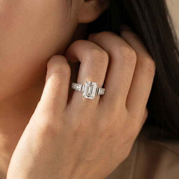 White gold Emerald Cut Diamond Classic Solitaire Ring with Pavé Band and Four-Prong Setting