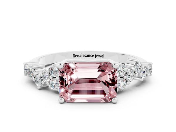 Platinum Emerald Cut Diamond Cluster Pavé Band with Four-Prong Setting