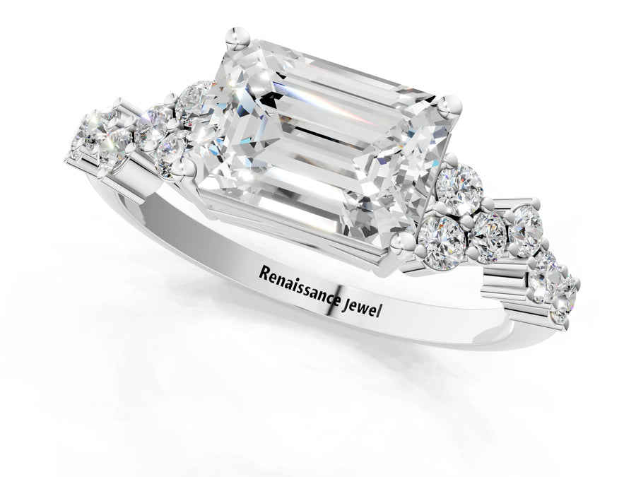 White gold Emerald Cut Diamond Cluster Pavé Band with Four-Prong Setting