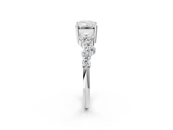 White gold Emerald Cut Diamond Cluster Pavé Band with Four-Prong Setting