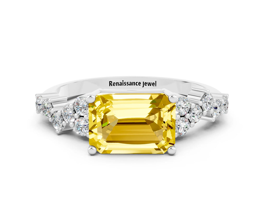 White gold Emerald Cut Diamond Cluster Pavé Band with Four-Prong Setting