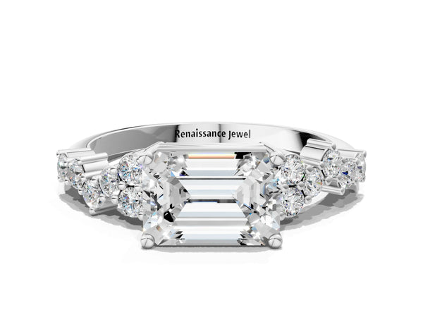 White gold Emerald Cut Diamond Cluster Pavé Band with Four-Prong Setting