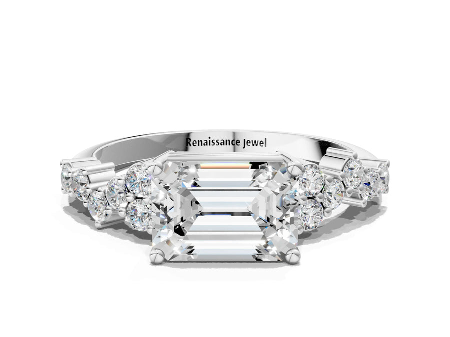White gold Emerald Cut Diamond Cluster Pavé Band with Four-Prong Setting