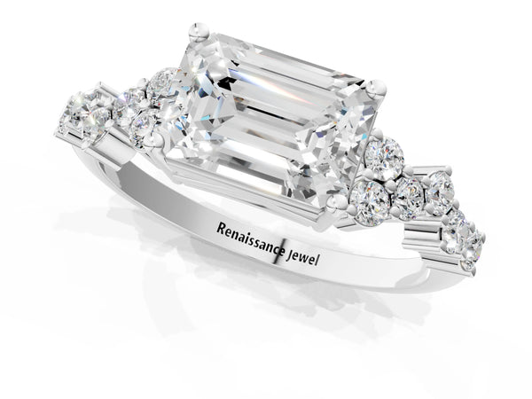 White gold Emerald Cut Diamond Cluster Pavé Band with Four-Prong Setting