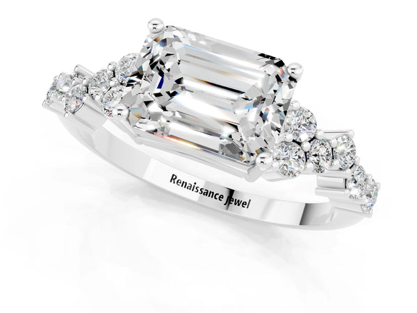 Silver Emerald Cut Moissanite Scattered Round Accent Ring with Prong Setting