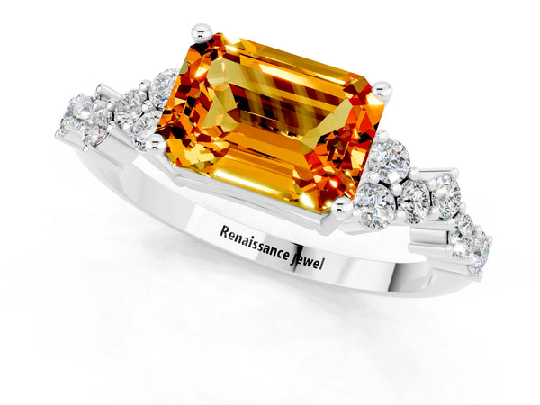 Platinum Emerald Cut Citrine Scattered Round Accent Ring with Prong Setting