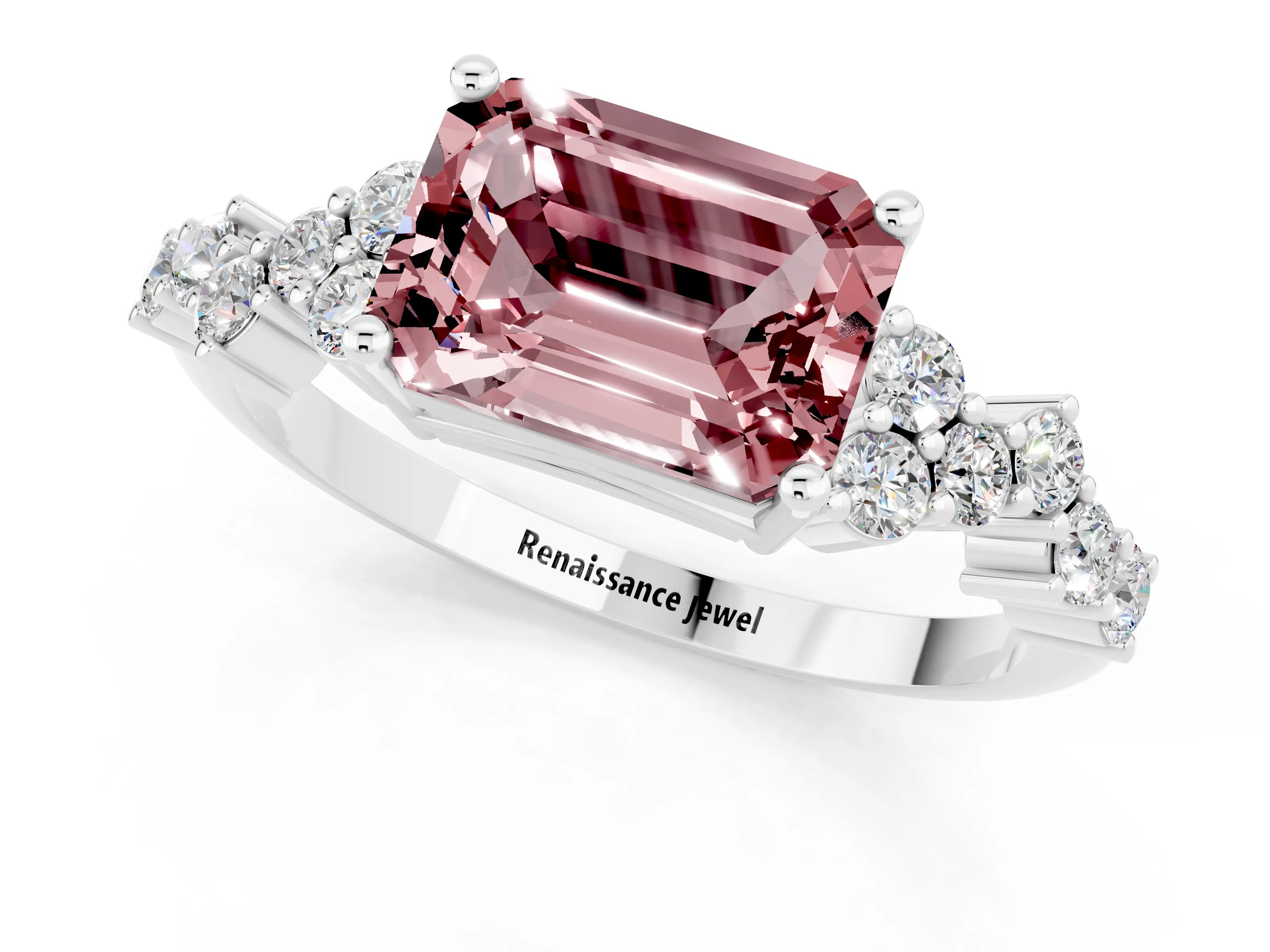 White gold Emerald Cut Diamond Cluster Pavé Band with Four-Prong Setting_1