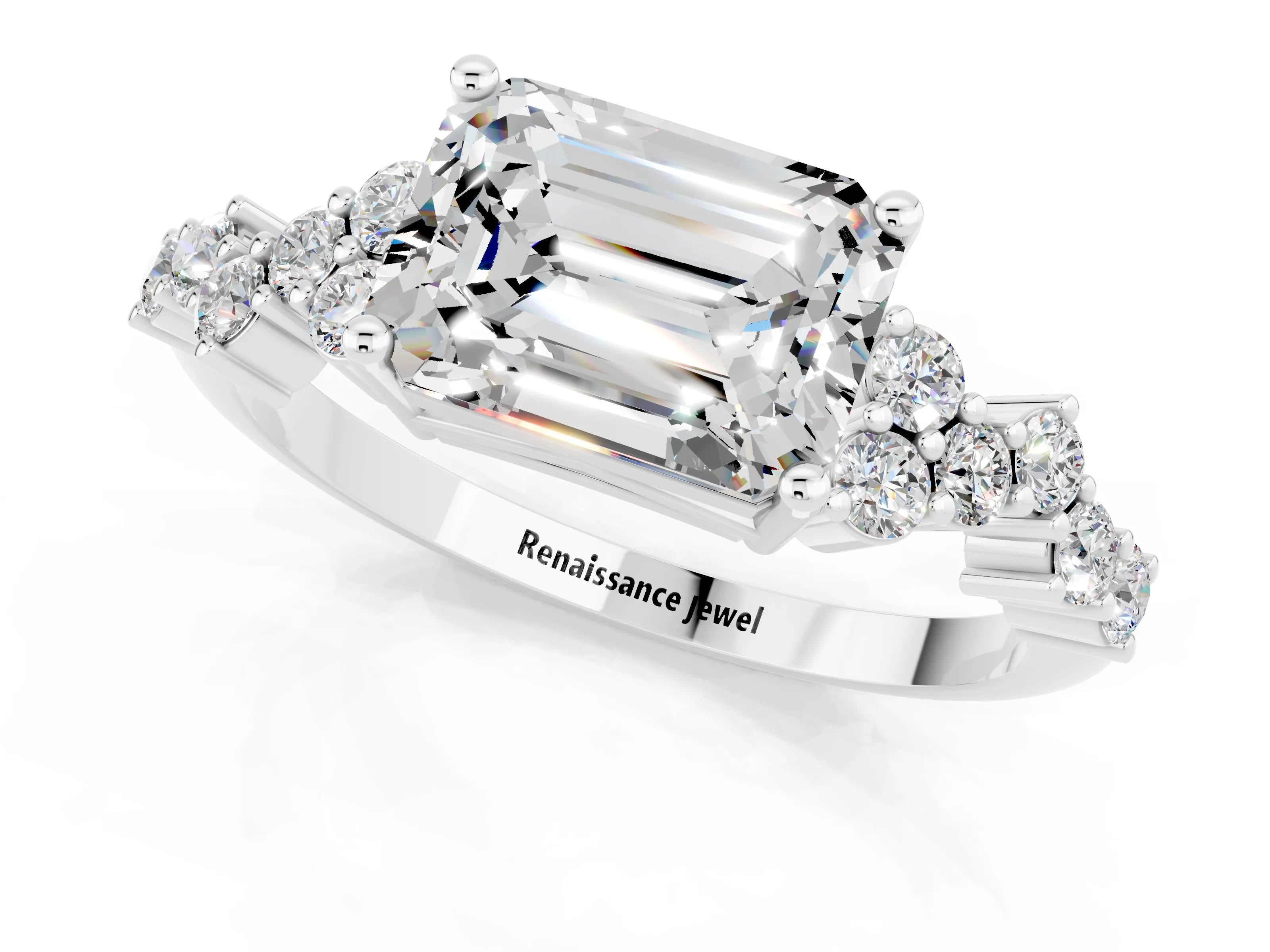 White gold Emerald Cut Diamond Cluster Pavé Band with Four-Prong Setting_1