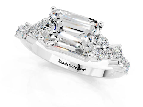 White gold Emerald Cut Diamond Cluster Pavé Band with Four-Prong Setting_1