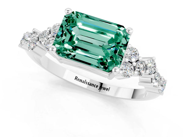 Silver Emerald Cut Green Sapphire Scattered Round Accent Ring with Prong Setting