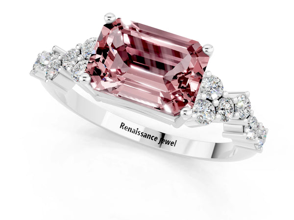 White gold Emerald Cut Diamond Cluster Pavé Band with Four-Prong Setting