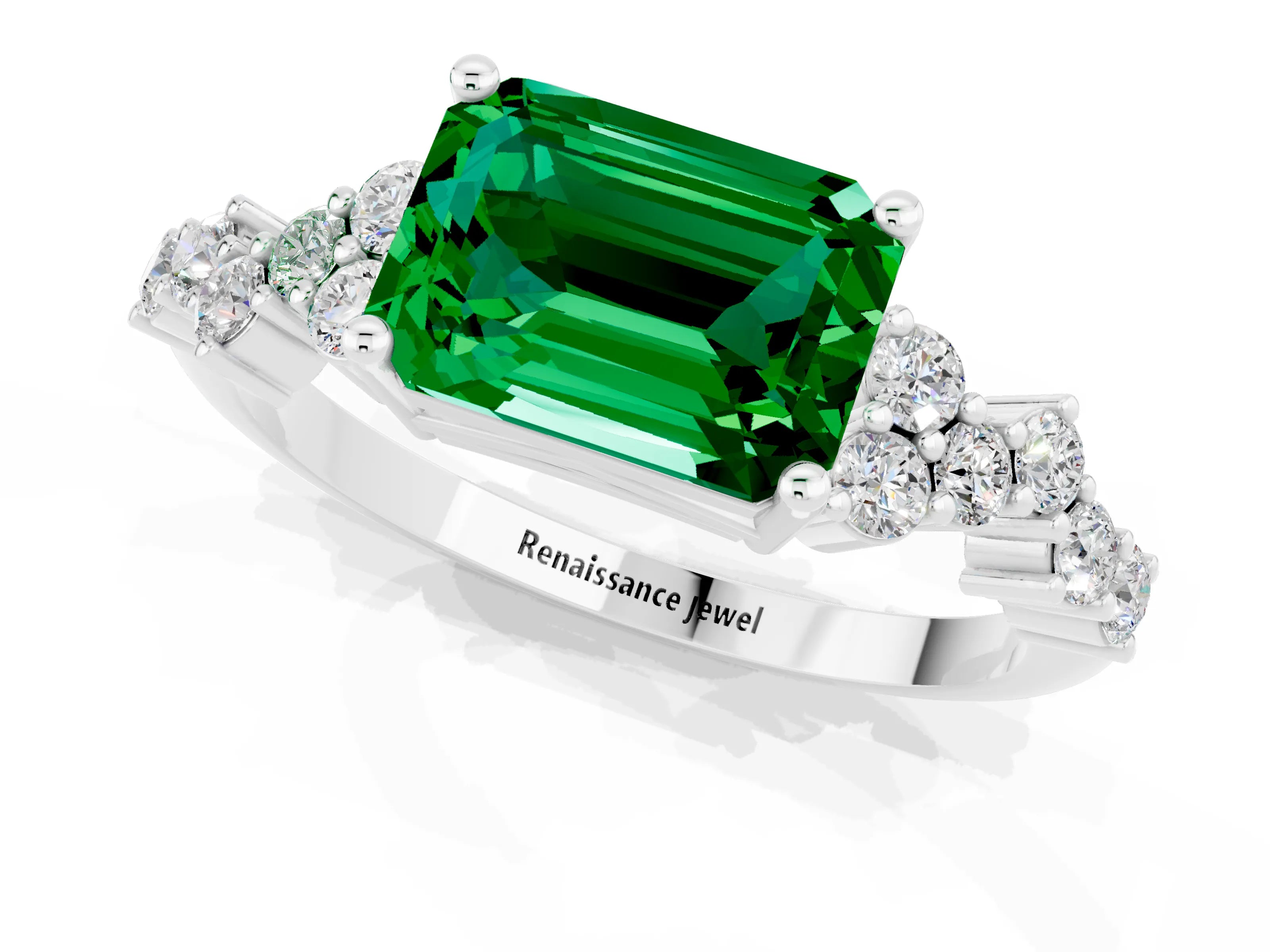 White gold Emerald Cut Diamond Cluster Pavé Band with Four-Prong Setting_1