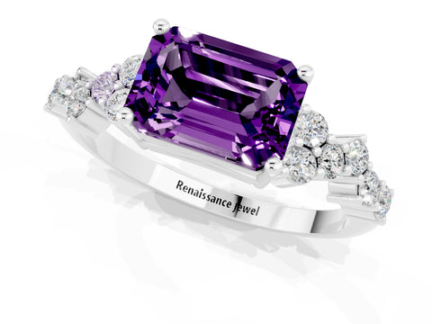 White gold Emerald Cut Diamond Cluster Pavé Band with Four-Prong Setting_1