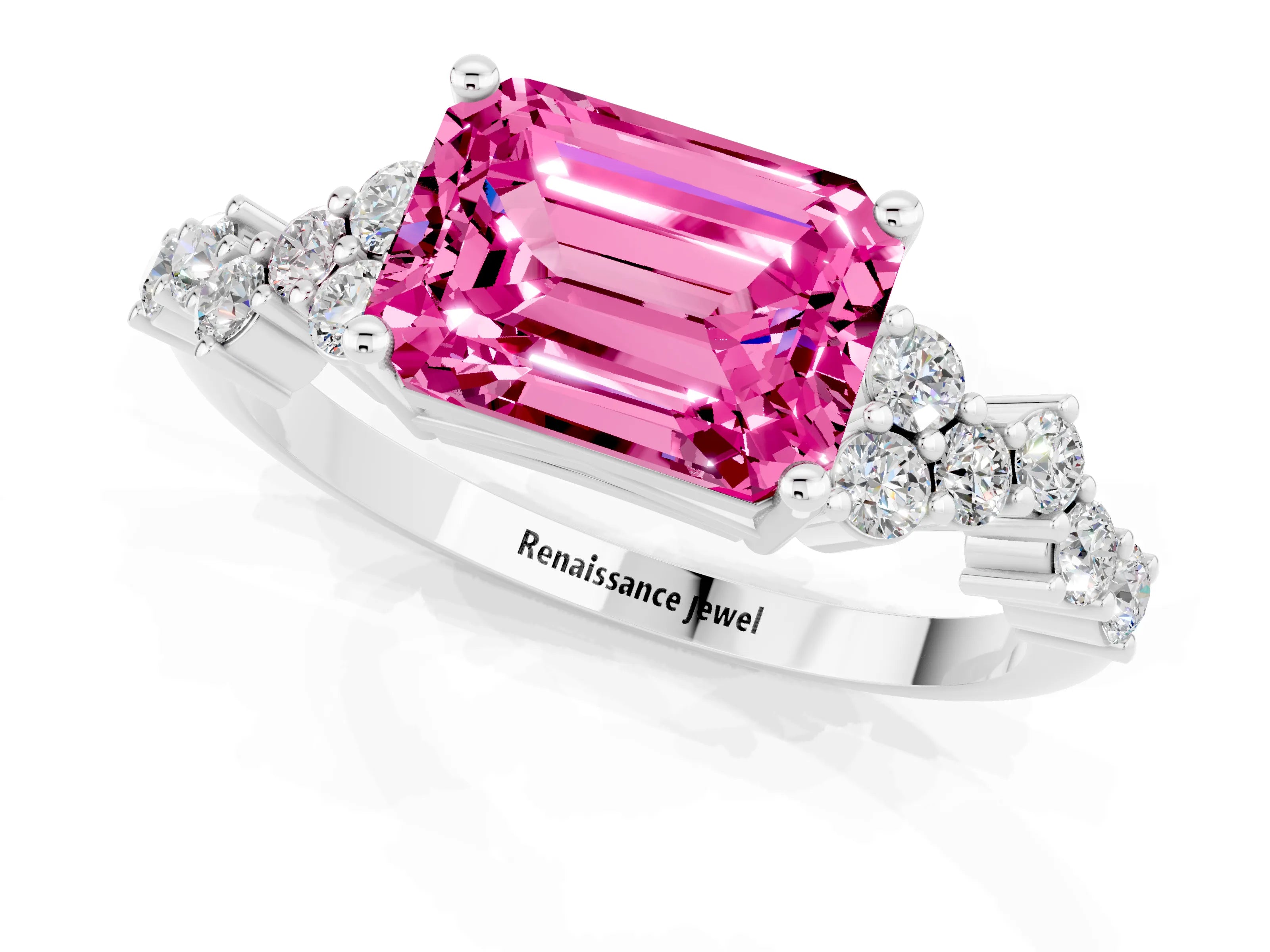 White gold Emerald Cut Diamond Cluster Pavé Band with Four-Prong Setting_1