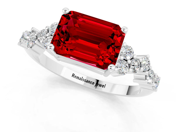 Platinum Emerald Cut Ruby Scattered Round Accent Ring with Prong Setting