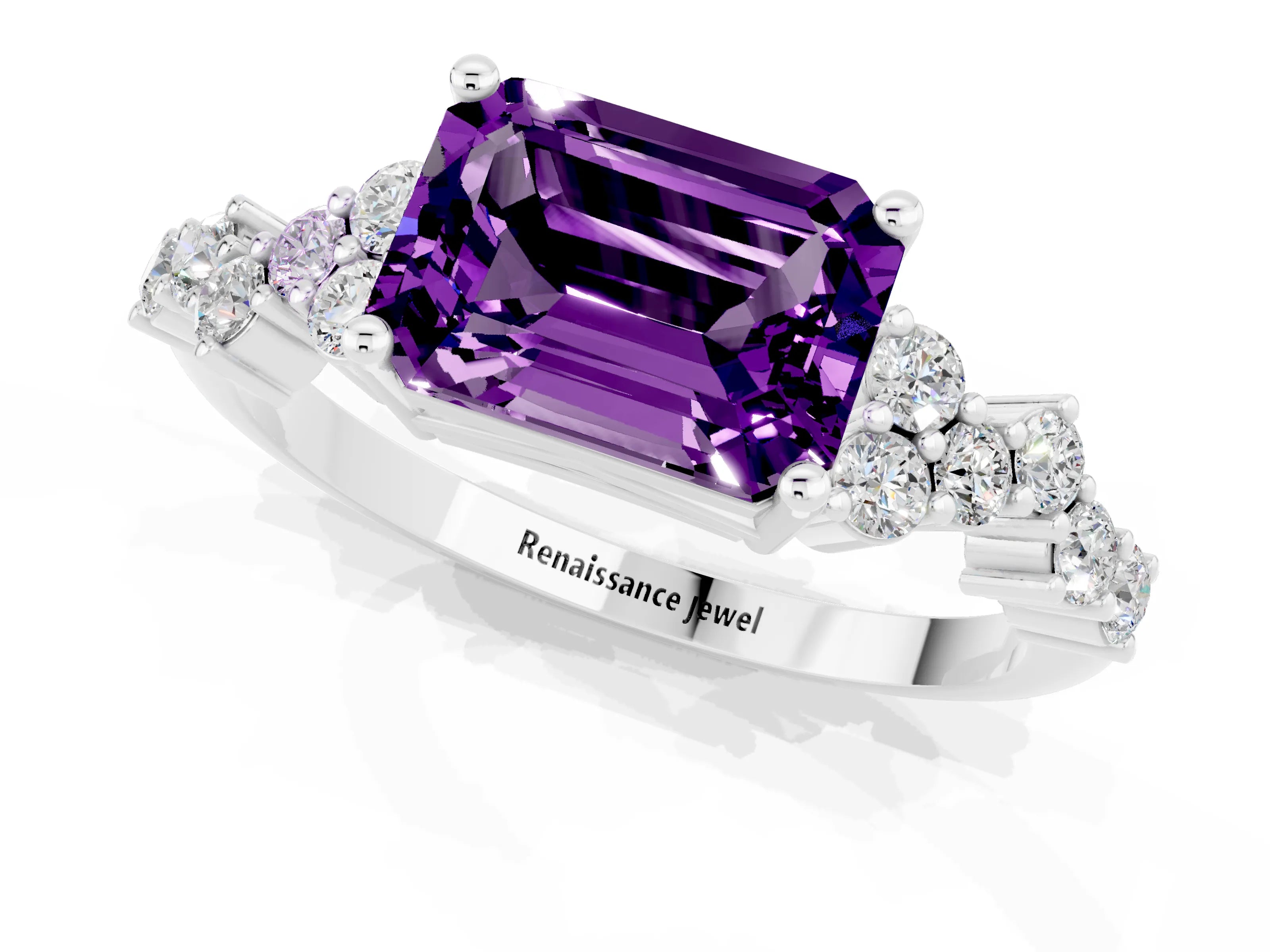 White gold Emerald Cut Diamond Cluster Pavé Band with Four-Prong Setting_1