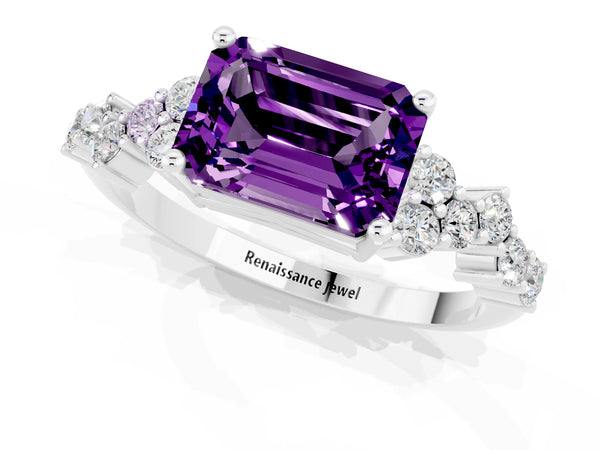White gold Emerald Cut Amethyst Scattered Round Accent Ring with Prong Setting