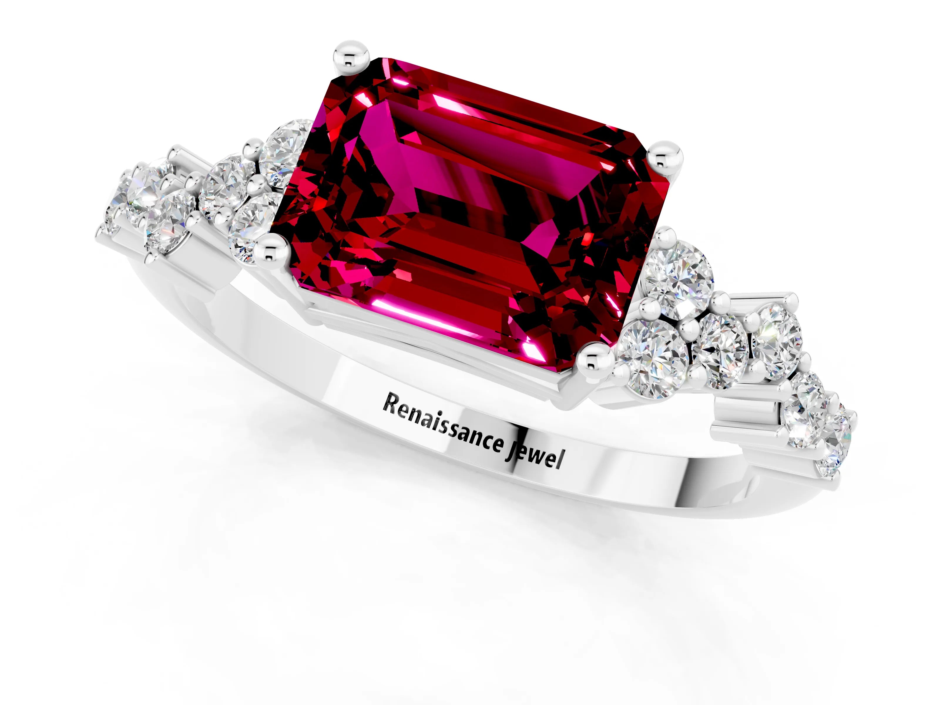 White gold Emerald Cut Diamond Cluster Pavé Band with Four-Prong Setting_1