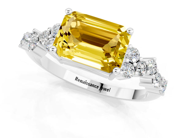 Platinum Emerald Cut Yellow Sapphire Scattered Round Accent Ring with Prong Setting