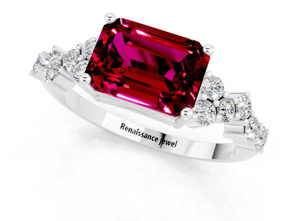 Silver Emerald Cut Garnet Scattered Round Accent Ring with Prong Setting